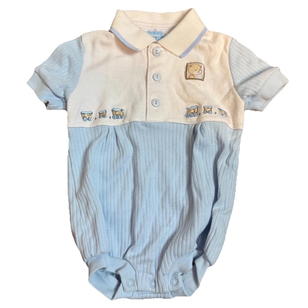 Fred's Babies Blue‎ Short Sleeve One Piece Bodysuit Button Collar Ribbed Vintage